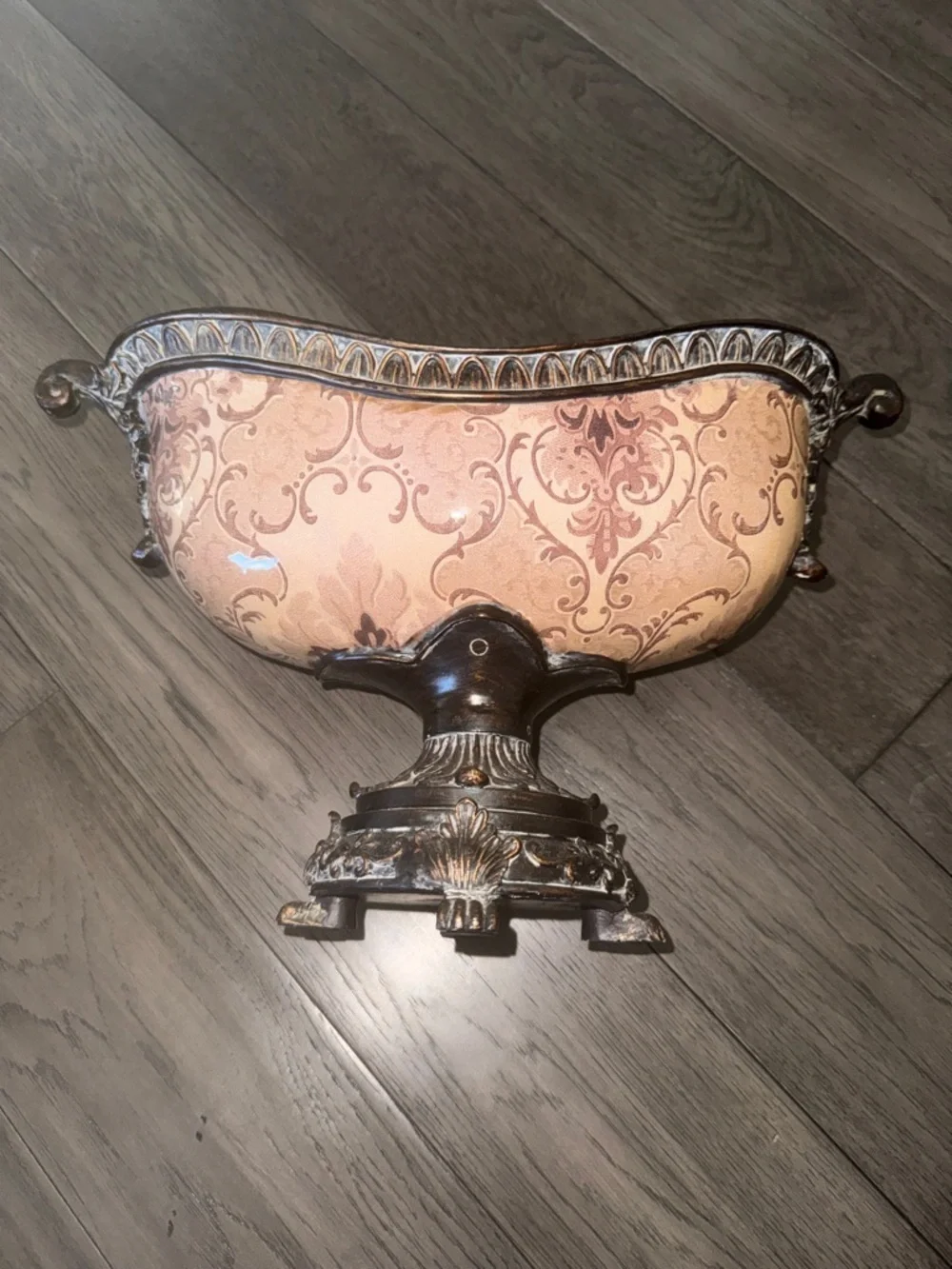 Ornate Decorative Pedestal Bowl - tan and Antique like brown